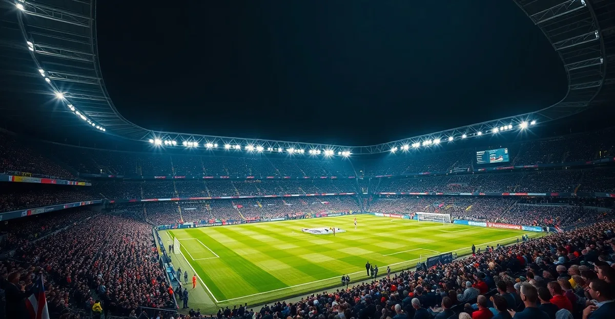 Stade de football illuminé la nuit avec supporters — StreamOnSport football en direct